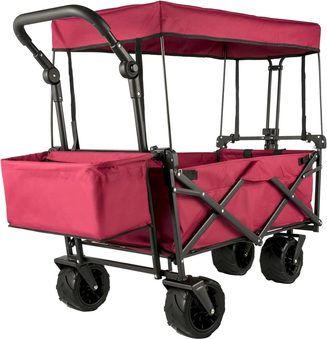 Happbuy Collapsible Wagon with Removable Canopy, 220lbs Heavy Duty Foldable Beach Wagon with Big Wheels (Red)