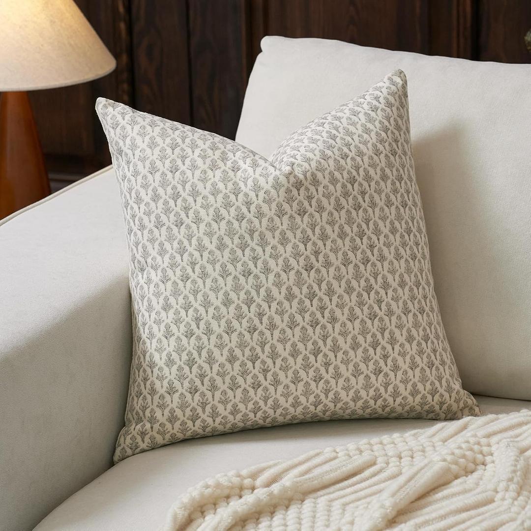 FIOUOVO Floral Pillow Covers 18x18 Pillow Cover Block Print Couch Pillows for Living Room Decorative Neutral Accent Throw Pillow Covers, 1PC, Light Taupe