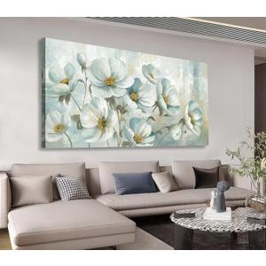 Shoci Large Flowers Wall Art, Sage Green Floral Canvas Pictures, 29" X 58" | Rustic Grey Green Blossom Painting Prints, Vintage Blooming Botanical Artwork, 29 X 58 Inch, for Living Room Bedroom Office