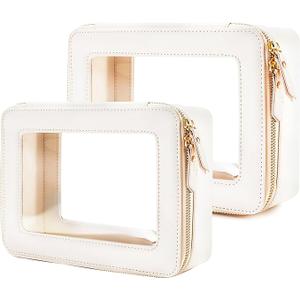 Aveniee Clear Makeup Bag Organizer, Portable Travel Toiletry Cosmetic Bag Case for Women, Heavy Duty Vegan Leather Make Up Pouch with Transparent Vinyl Windows & Gold Zippers 2pcs(Beige)