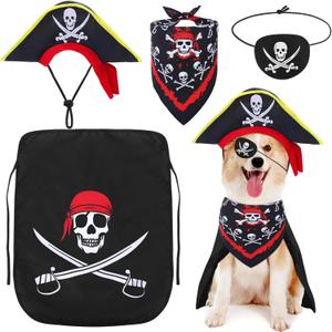 4 Pcs Dog Pirate Costume Set Dog Pirate Hat Pet Skull Triangle Bandana Puppy Cape and Eye Mask for Halloween Outfits Accessories (Black, Large)