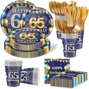 350PCS 65th Birthday Party Decorations for 50 Guests Blue and Gold Party Supplies for Men Include Disposable Paper Plates, Napkins, Cups, and Disposable Plastic Cutlery (65)