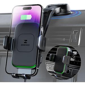 Wireless Car Charger, ZEEHOO DUOXX Dual Coils 15W Fast Charging Auto-Clamping Car Mount, Dashboard, Vent Charging Phone Holder Smart Sensor Cradle for iPhone 15 14 13 12, S23 Ultra, Z Flip4 3, etc