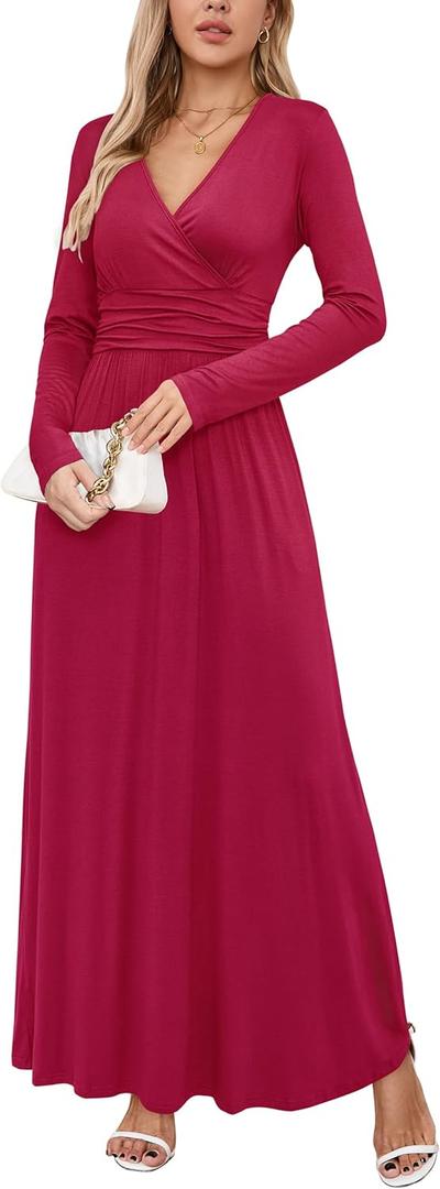 OUGES Women's Long/Short Sleeve V-Neck Wrap Waist Maxi Dress (Large A-wine)