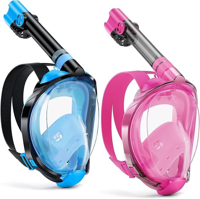 WSTOO Full Face Snorkel Mask,Snorkeling Gear for Adults to Breathe Through Mouth or Nose,180 Degree Panoramic View,Anti-Fog Anti-Leak with Camera Mount,Best Gift for Summer Holiday Travelers (Small/Medium,  2 Pack - Black/Blue+Transparent/Pink