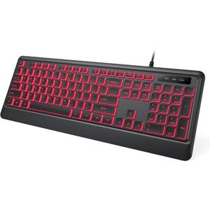 KOPJIPPOM Backlit Wired Keyboard, USB Lighted Computer Keyboards with 7 Colors Backlight, Full Size Silent Keyboard with Media Hotkey for Windows Desktop, PC, Laptop (Black, M)