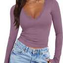 PINKMSTYLE Women Sexy V Neck Lace Long Sleeve Shirts Basic Fitted Double Lined Going Out Y2K Trendy Fall Tops (Purple) M