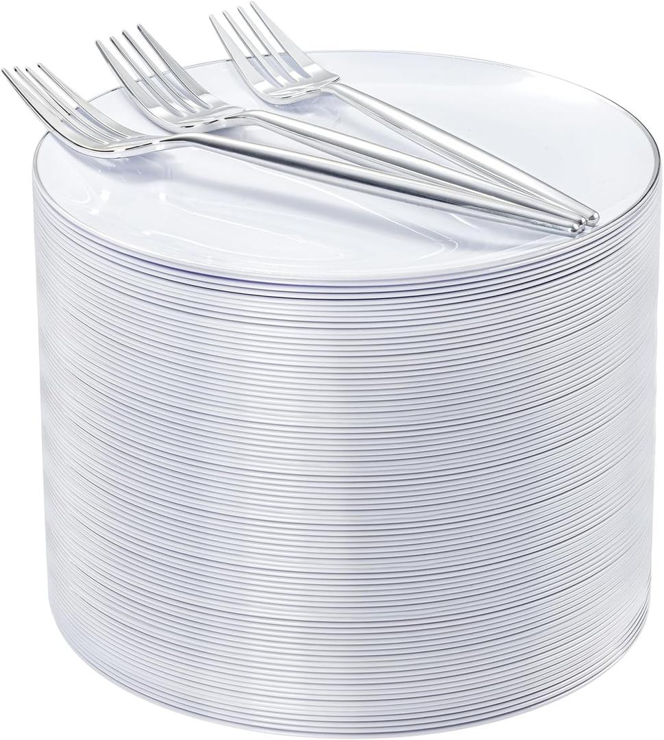Rubtlamp 100Pcs Plastic Dessert Plates 7.5inch,100Pcs Disposable Silver Forks,White Plastic Plates With Silver Rim, Small Plastic Plates,Dessert Plates With Forks for Appetizer Cake