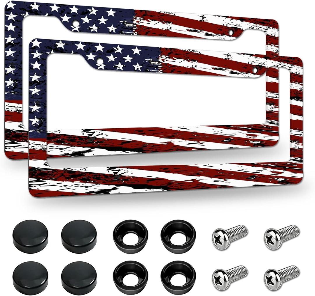 2 Pack License Plate Frames, American Flag License Plate Cover, Universal US Stainless Steel License Plate Holder with Screws for Women Men