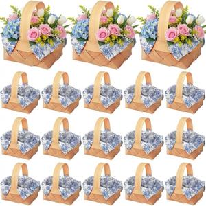 18 Pcs Blue Floral Mini Woven Basket with Handle 18 Sheet Blue Floral Napkin Wood Chip Mini Flower Fruit Picnic Basket Chip for Wedding Birthday Bridal Shower Baby Shower Favor Gift