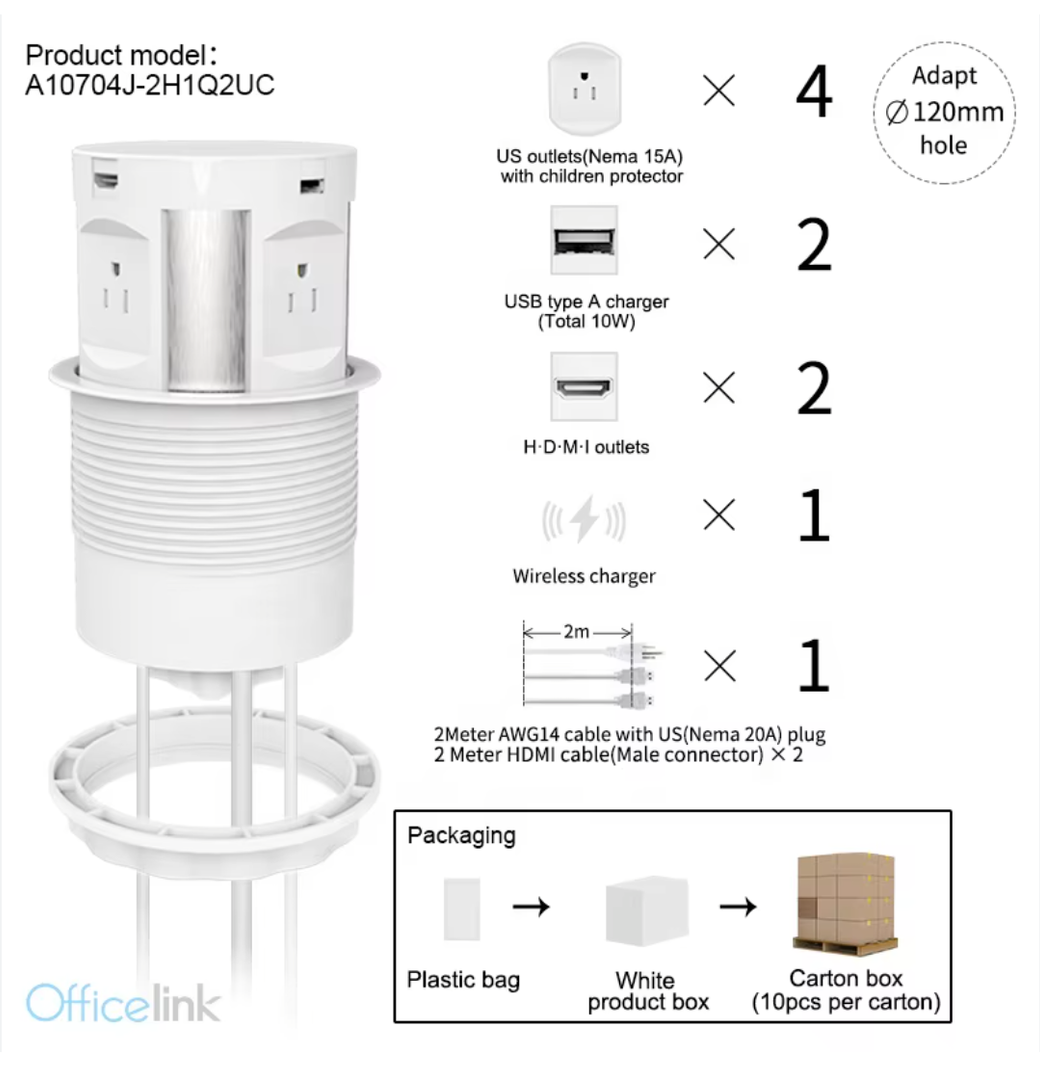 4 US Outlets,2 USB Charger, 1Wireless Charger Motorized Pop up Power Socket for Conference Table