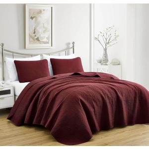 Chezmoi Collection Luca 3-Piece Oversized Bedspread Set, King Size, Burgundy - Summer Quilt Lightweight Microfiber Bedspread 118 x 106 - Floral Medallion Pattern Coverlet for All Season