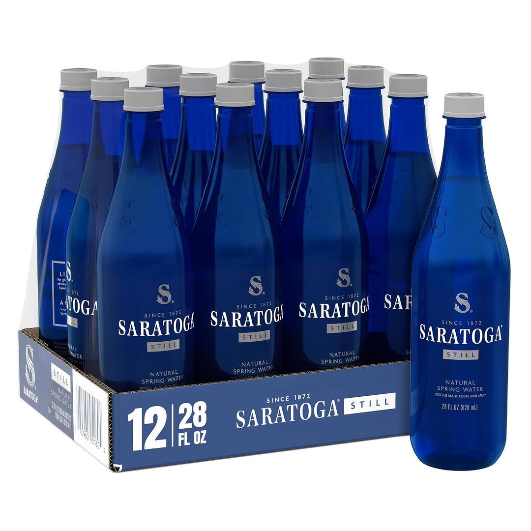 Saratoga Spring Water Bottles, 12 Pack Still Bottled Water Recycled PET Plastic Bottles 28 Fl Oz (EXP 08/01/26)
