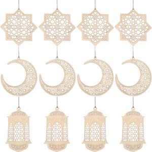 WILLBOND 12 Pcs Wood Ramadan Decorations Eid Decorations Islam Mubarak Wooden Ornaments Mubarak Hanging Hollow Pendant Ramadan Party Eid Al Adha Ornaments Moon Star Lantern for Muslim Islam Festive
