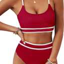 BMJL Women's High Waisted Bikini Ribbed Two Piece Swimsuit High Cut Color Block Adjustable Straps Bathing Suit (Red029), S
