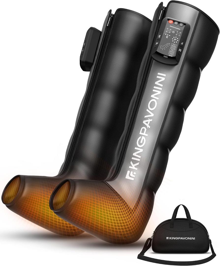KingPavonini Cordless Leg Compression Massager with 5 Overlapping Chambers & 3 Foot Heat, 4500mAh Leg Massager for Circulation and Pain Relief, 19 Modes & 8 Intensities, Recovery Boots for Athletes