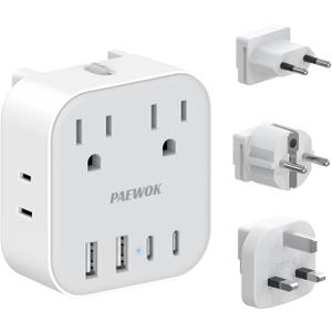 European Travel Plug Adapter Set, 8-in-1 Travel Adapter with 4 Outlets, 4 USB Ports (2 USB C), US to UK/EU Universal Travel Adapter, International Power Adapter with Type G/E/F/C Detachable Plugs