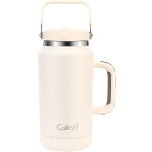 Cafezi 64 oz Leak-Proof Insulated Tumbler with Flip Straw Lid - Sweat-Free, Top and Side Handle, Anti-Slip Silicone Base, Iced for 34 Hours - Water Jug for Hiking, Fitness, Office, Travel, Home (Creamy)