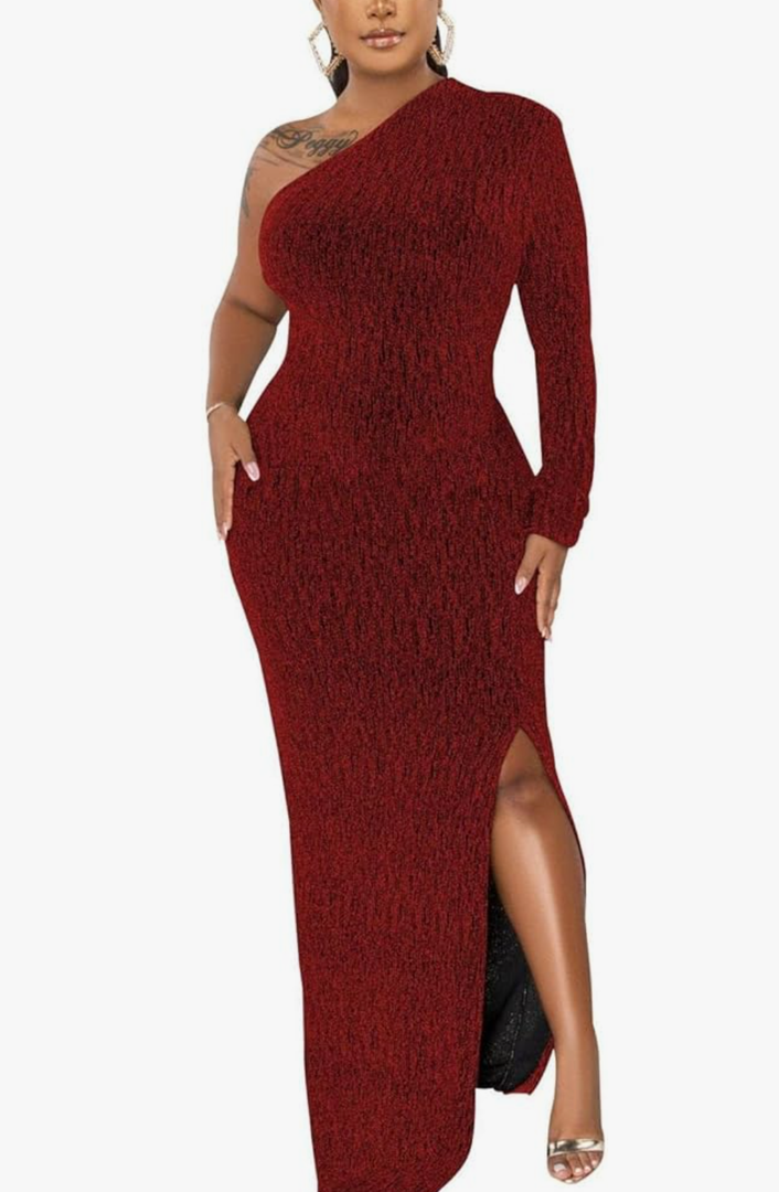 Women's Formal Dresses Elegant Long Sleeve Evening Party Dress Sexy One Shoulder High Split Cocktail Gowns XL