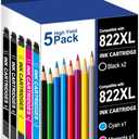 Remanufactured for 822XL Ink Cartridge Replacement for Epson 822XL Ink Cartridges Combo Pack for 822 XL Latest Chip Printer Ink to use with WF-3820 WF-4820 WF-3823 WF-4833 WF-4830 (5 Pack) (2 Black 1 Cyan 1 Magenta 1 Yellow)