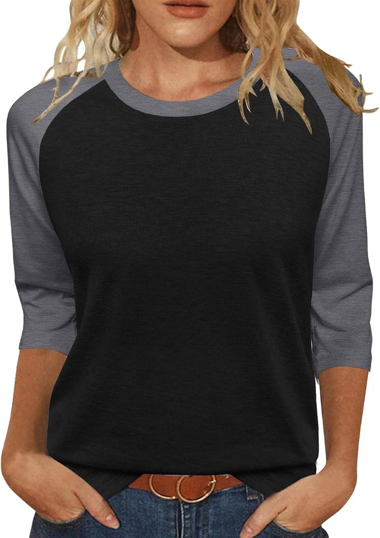Heymiss Womens Tops 3/4 Sleeve Shirts Round Neck Loose Casual Tshirts Color Block Summer Tees (Black, S)