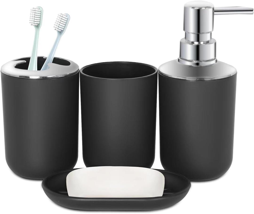 Black Bathroom Accessories Set 4 PCS, Black Bathroom Accessories, Plastic Soap Dispenser and Toothbrush Holder Set, Soap Dish and Mouthwash Cup, Boho Bathroom Decor, Bathroom Set