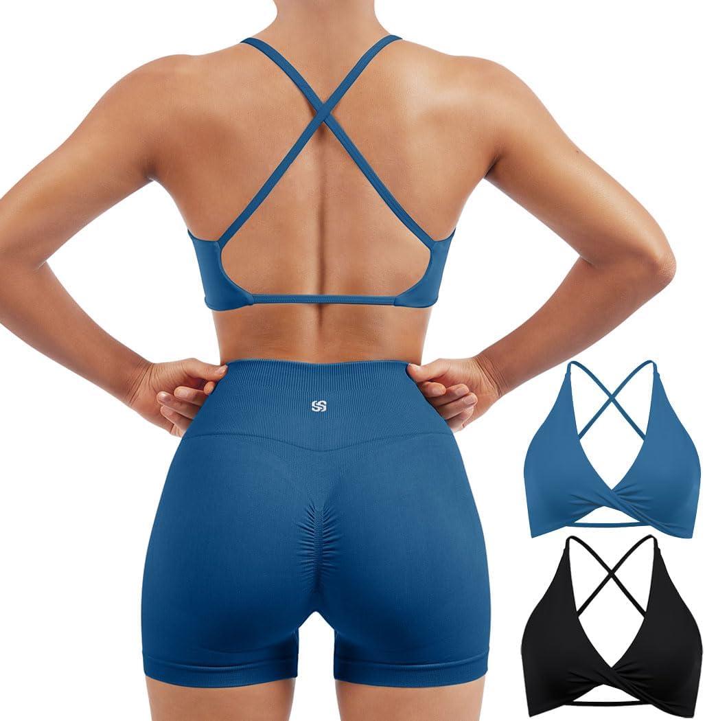 SUUKSESS Women 2 Piece Open Back Strappy Sports Bra Pack Twist V Neck Workout Crops (Large, #2 Blue & Black)
