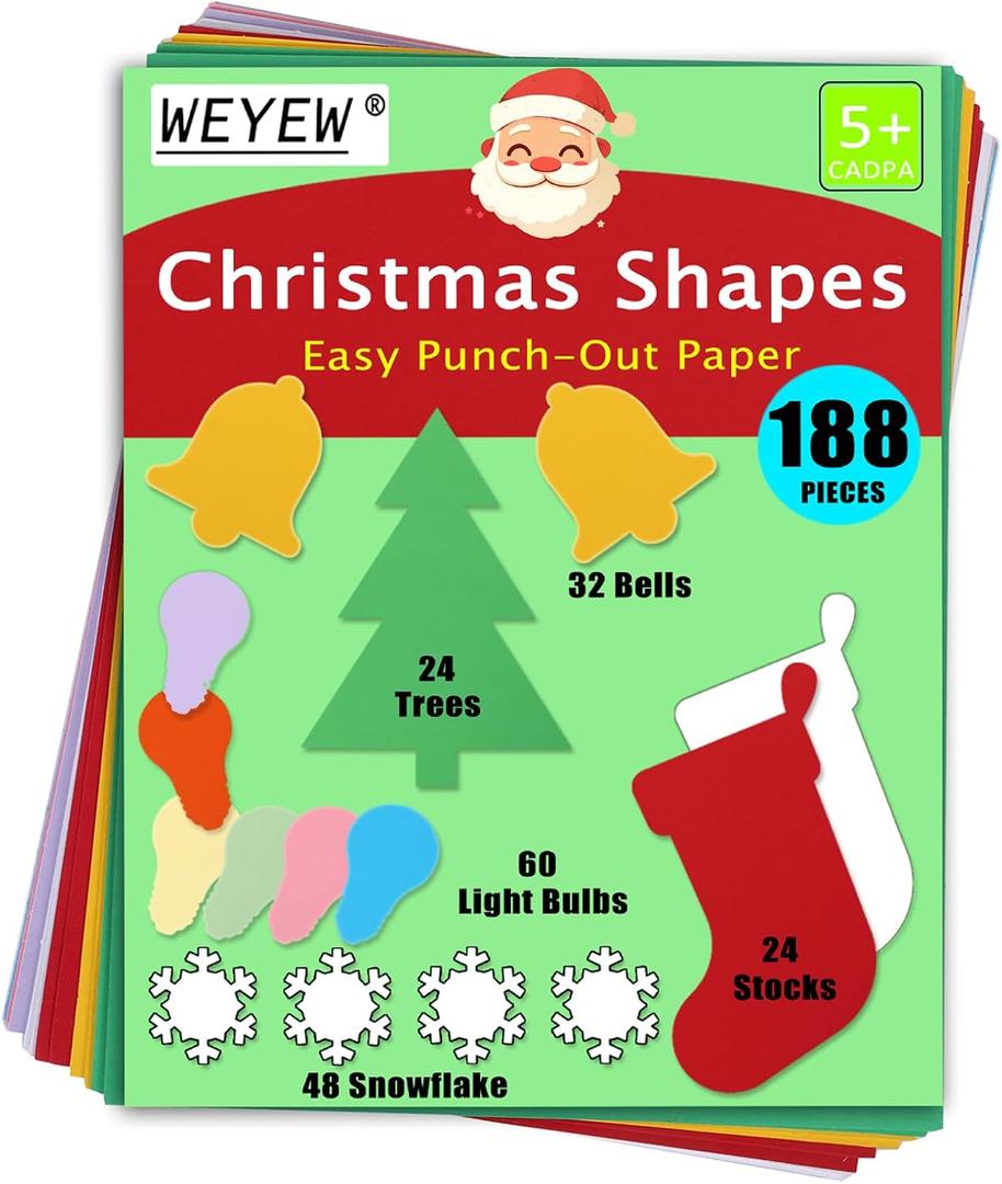 Punch Out Paper Cutouts in Holiday Colors, 188 Pieces Snows, Trees, Stockings, Light Bulb, Bells, Cardstock for Children Craft Kindergarten, Classroom, and Christmas Party Decorations