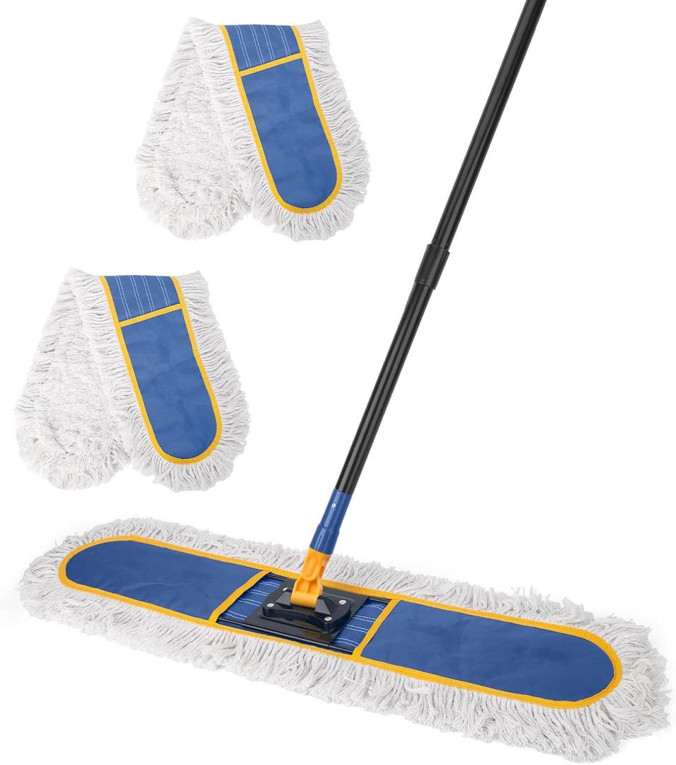 24" Commercial Dust Mop for Floor Cleaning,Heavy Duty Floor Duster with 2 Cotton Reusable Mop Pads,59 Long Handle Wet Dry Flat Mops for Hardwood Floors,Marble, Laminate,Tile,Concrete,Garage (Blue)