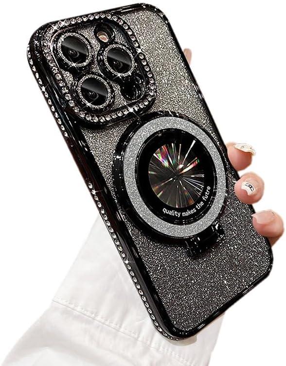 Bling Glitter Phone Case Compatible with iPhone 15 Pro Max, Kickstand Camera Lens Protector Soft Cover Sparkling Rhinestone Case (Black)