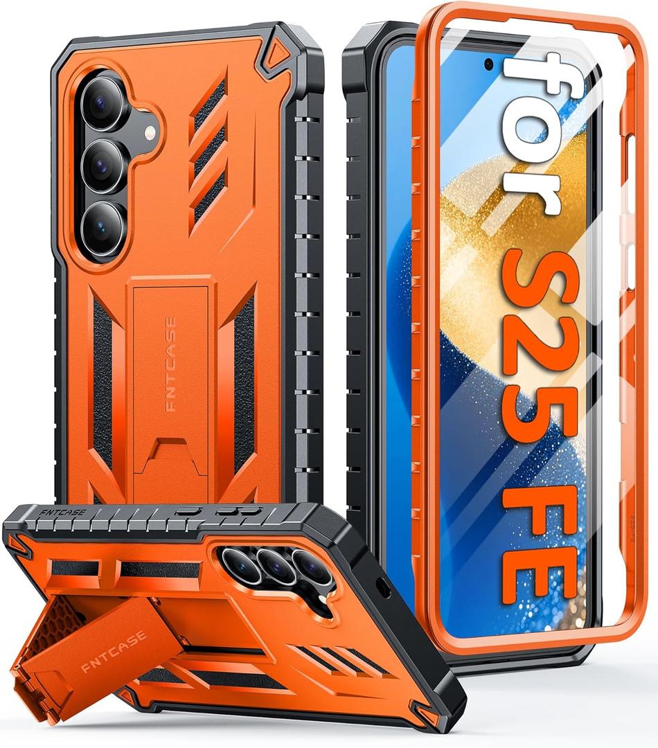 FNTCASE for Samsung Galaxy S25-FE Case: with [Built-in Screen Protector & Kickstand] [Military-Grade Drop Protection] Heavy Duty Protective Full Body Shockproof Rugged Sturdy TPU Phone Cover Orange
