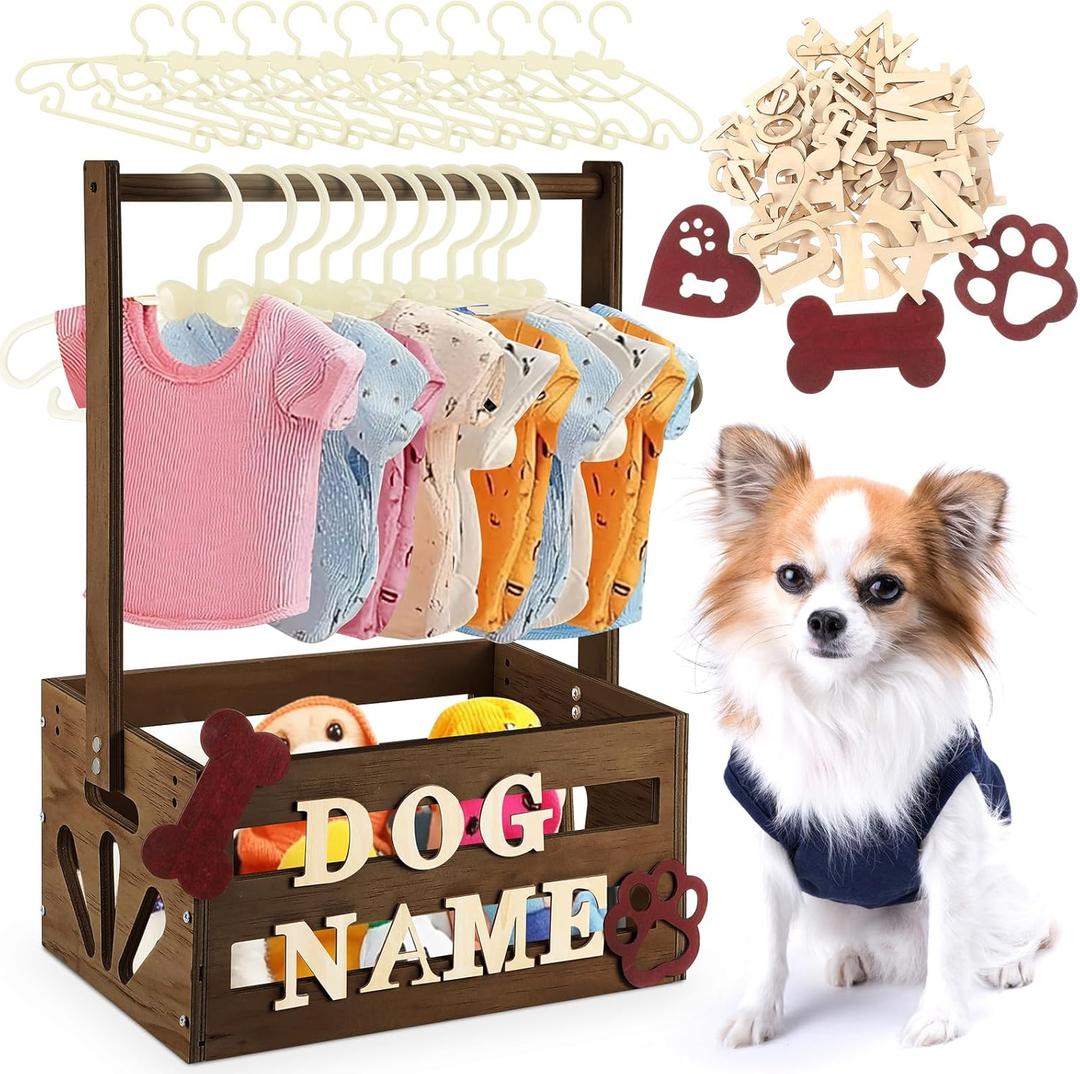Teenyyou 20 x 13 x 9 Wooden Dog Closet Pet Wardrobe Crate Box with Hanging Rods and Personalized Alphabet Letters Easy Assembly Baskets for Dog Cat Toys Clothes Accessories(Dark Walnut)