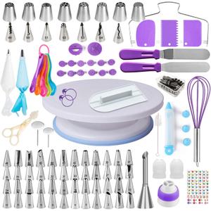 Boyun Cake Decorating Kit, 137pcs Cake Decorating Supplies With Cake Turntable For Decorating, Pastry Piping Bag, Russian Piping Tips Tools, Baking Supplies For Beginners (Purple)