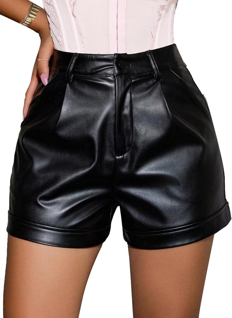 Avanova Women Faux Leather High Waisted Shorts Pleated Casual Summer Shorts (Black, XL)