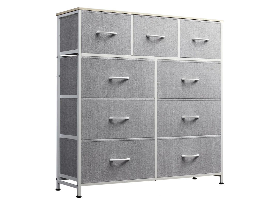 WLIVE 9-Drawer Dresser, Fabric Storage Tower for Bedroom, Hallway, Entryway, Closet, Tall Chest Organizer Unit with Fabric Bins, Steel Frame, Wood Top, Easy Pull Handle, Rustic Brown Wood Grain Print