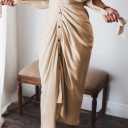 Women Elegant Satin Button Down Short Sleeve Maxi Shirt Dress with Belt (Beige)