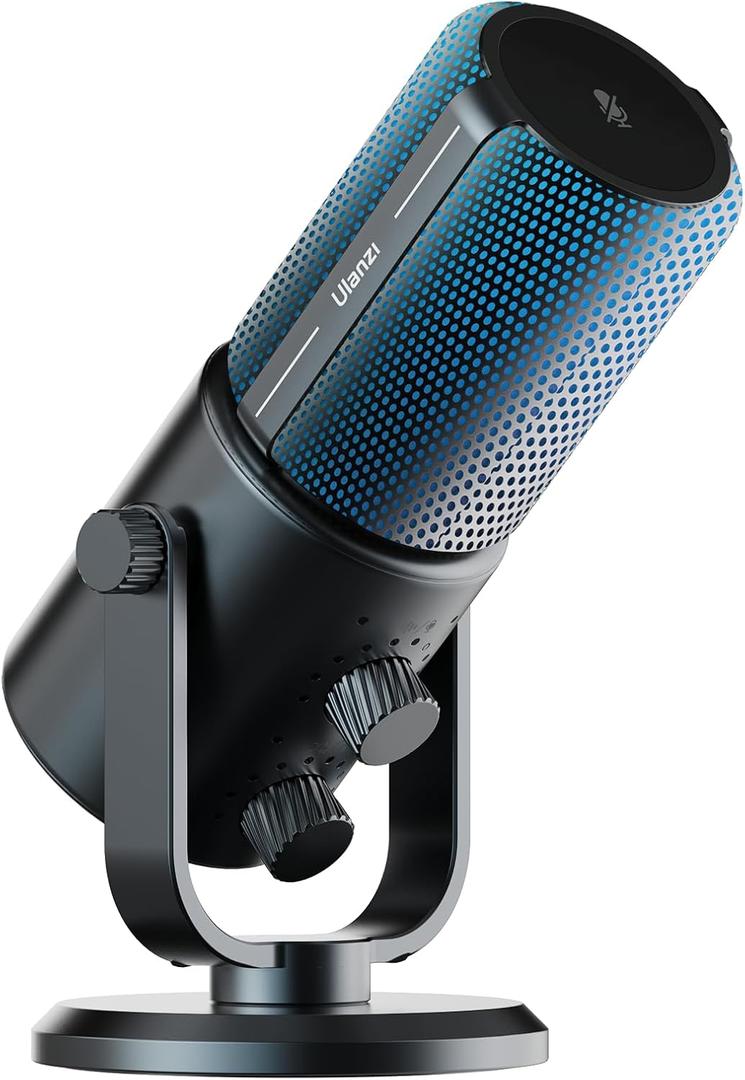 ULANZI DCM-05 Gaming PC Microphone USB Desktop Condenser Microphone for Podcasting, Phone Computer Streaming Mic with RGB Light, Mute Button, Headphones Jack, Desktop Stand, Plug & Play, Black