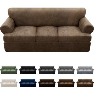 4-Pieces T Cushion Sofa Slipcovers - Leather Look Couch Cover for 3 Cushion Couch - Furniture Protector Stretch Sofa Cover With 3 Individual Seat Covers - Washable, Light Brown