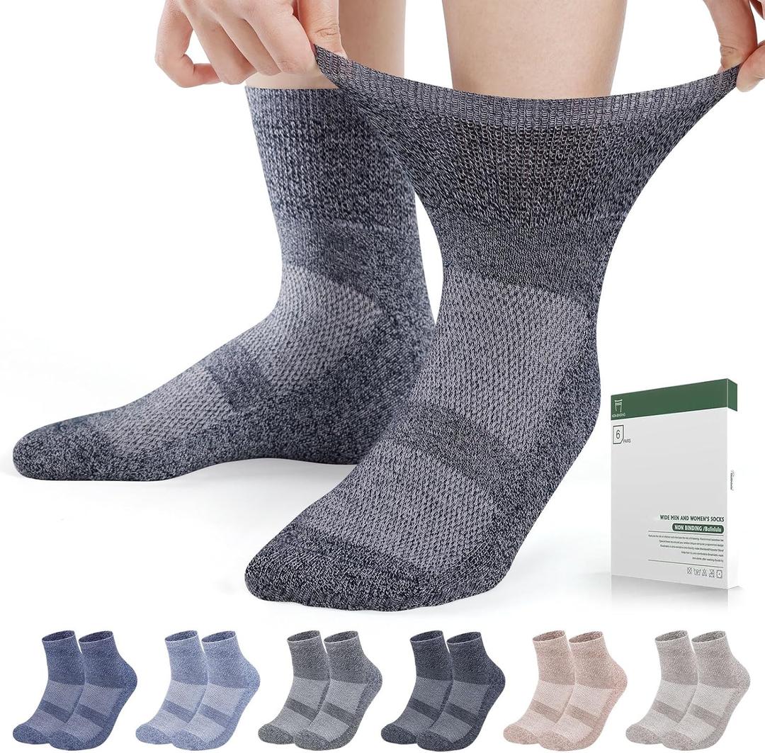 Bulinlulu Diabetic Socks for Men Women,6 Pairs Bamboo Viscose Non Binding Ankle Diabetic Socks for Women Men Size 9-11 13-15 (Large, Navy/Pale Blue/Navy Blue/Offwhite/Tan/Khaki)