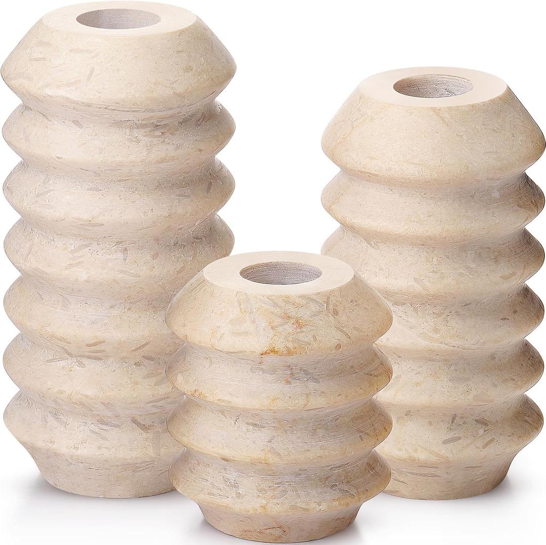 Retisee 3 Pcs Marble Candle Holder Natural Travertine Candlestick Holders Vintage White Candle Stand with Natural Stone Holes Modern Decorative Candle Holder 3/4 Inch Thick Candles for Home Wedding
