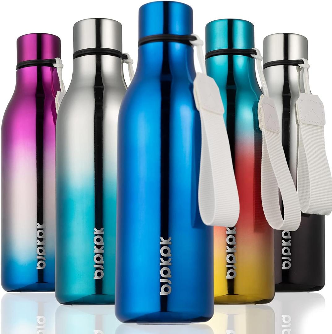 BJPKPK Insulated Water Bottles, 18 oz Stainless Steel Metal Water Bottle with Strap, BPA Free Leak Proof Jugs, Mugs, Flasks, Reusable Thermal Flasks for Sports & Travel, Shining Blue