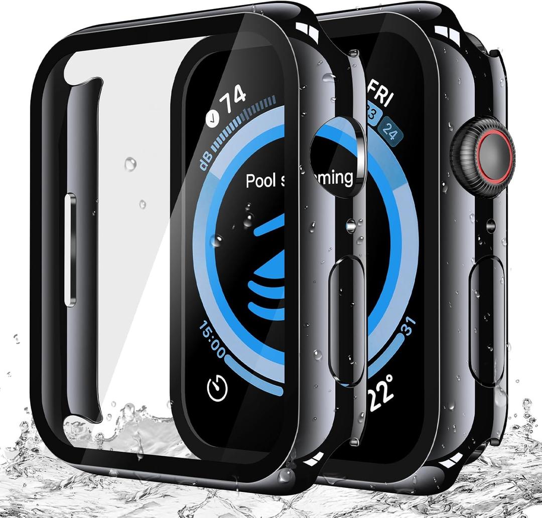 Misxi 2Pack Waterproof Hard Case with Tempered Glass Compatible with Apple Watch SE 3 SE 2 SE Series 6 Series 5 Series 4 40mm, UltraThin Protective Cover for iWatch Screen Protector, Matte Black