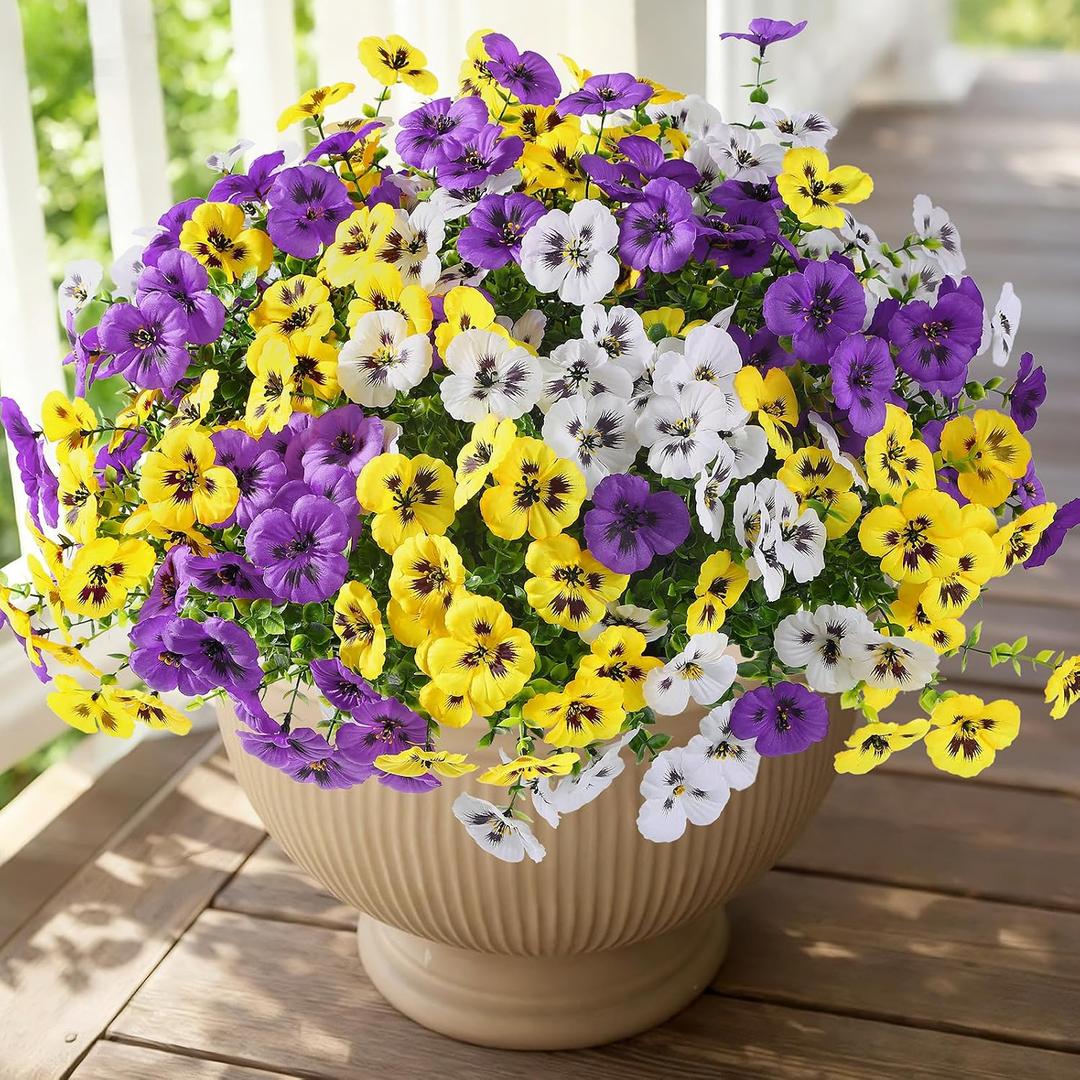 Alupssuc 24 Bundles Artificial Flowers for Outdoors, Fake Spring Flowers for Decoration, UV Resistant Realistic Pansies with Eucalyptus Silk Faux Flowers for Porch Patio Yard, Purple Yellow White