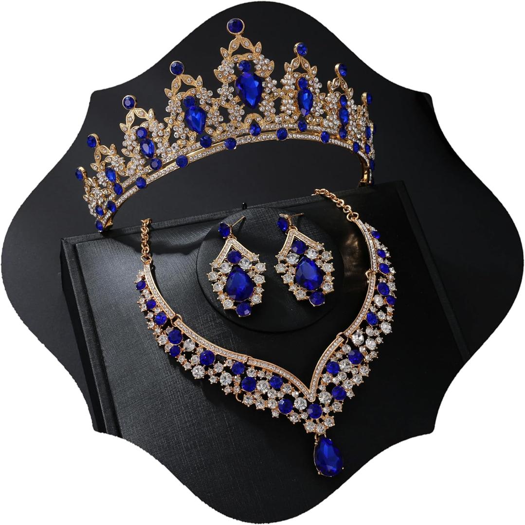 Tiaras and Crowns for Women,Tiaras Earrings Necklace, Crystal Bridal Jewelry Set (Small, Blue)