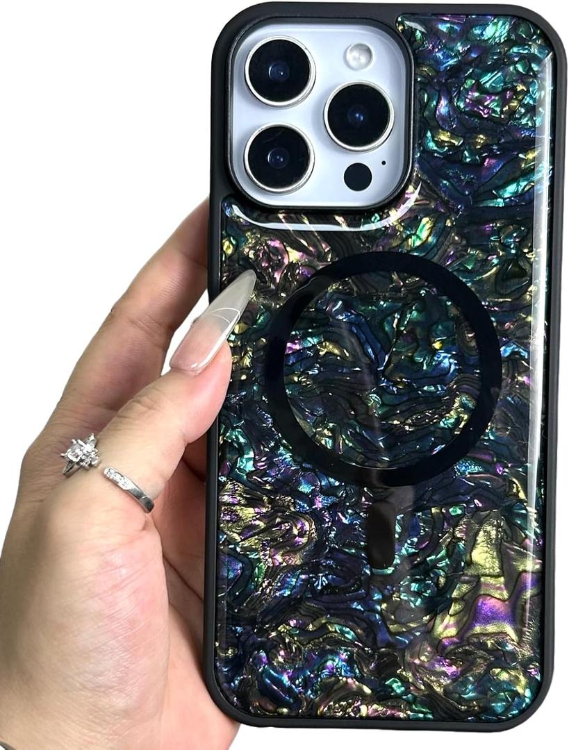 Seashell Magnetic Case for iPhone 14 Pro Compatible with Magsafe, Luxury Pearlescent Abalone Shell Pattern, Aesthetic Protective Phone Case Cover for iPhone 14 Pro, Black/Colorful