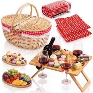 7 Pcs Picnic Set for 4 Folding Picnic Table Large Outdoor Red Plaid Blanket Wicker Basket Pillows & Serving Trays Essentials Date Set Outdoor Accessories Camping Wedding Beach Gift
