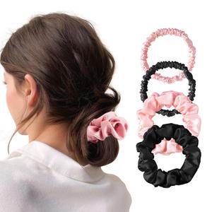 4Pcs Satin Silk Scrunchies for Women, Satin Hair Ties No Damage 2 Big & 2 Small, Soft Non-Slip Sleepy Tie Scrunchie (Fashion Black & Pink)