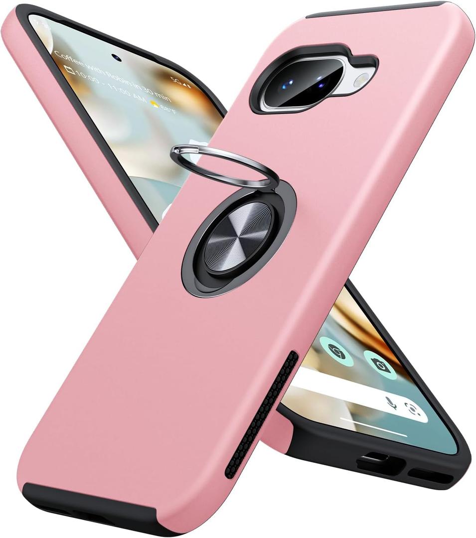 JAME for Google Pixel 9a Case, Dual Layer Military Grade Protection, Shockproof Cover with Metal Ring Holder Stand Kickstand, Slim Fit Protective Phone Case for Google Pixel 9A, Pink