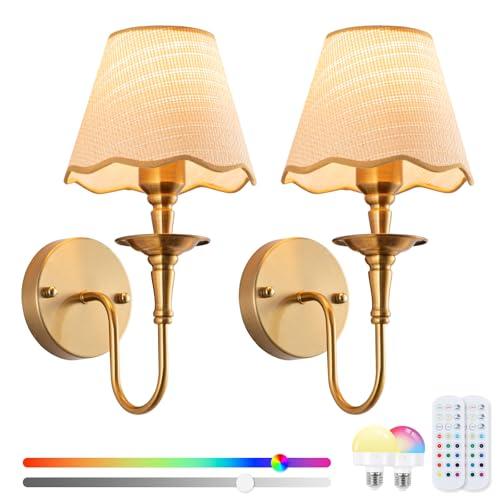 EIDISUNY Battery Operated Wall Sconces Set of 2, Rattan Shade Wireless Wall Sconces, RGB Rechargeable Dimmable, Brass-Color Vintage Wall Sconce for Bedroom, Living Room, Hallway Bulbs Included