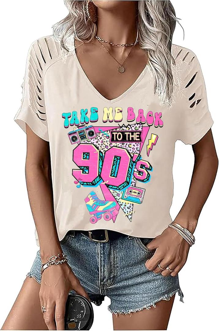 80s 90s V-Neck T Shirt for Women-Vintage Country Music Short Sleeve Tops Graphic Tees Outfits (Medium)